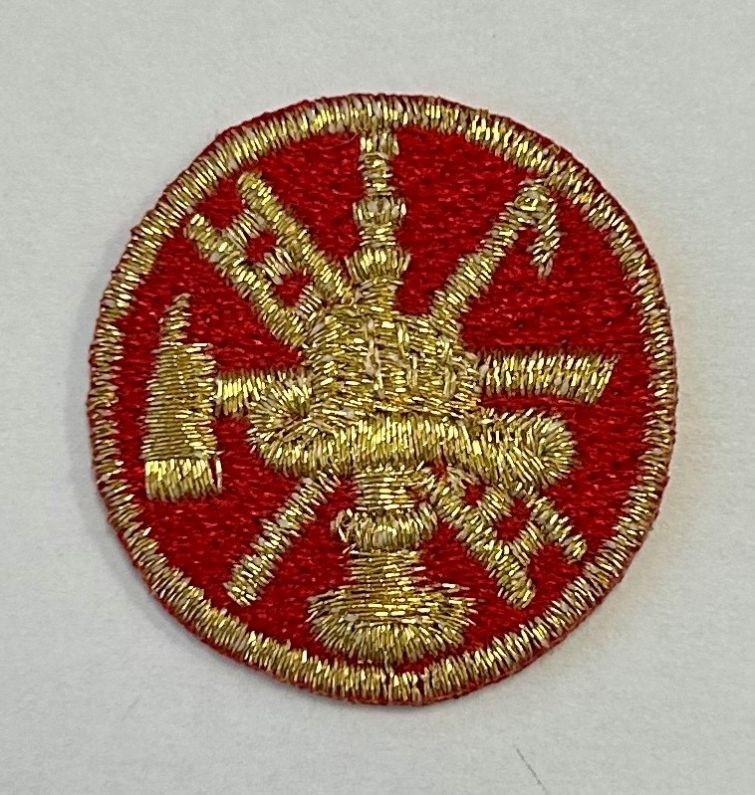 FIRE FIGHTER SCRAMBLE, 1" CIRCLE - METALLIC GOLD on RED - SEW ON.